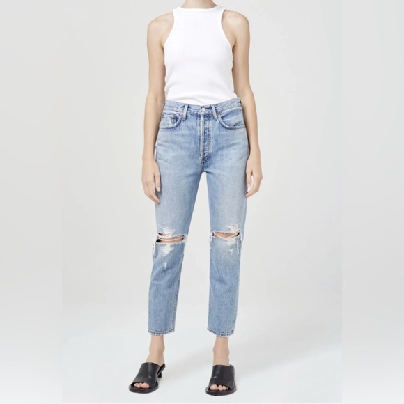 AGOLDE Riley High Rise Straight Crop Distressed 5 pocket Trend Jean in Blitz 24 - Picture 1 of 5